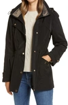 Gallery Cinched Waist Hooded Raincoat In Black