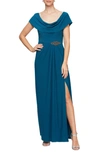Alex Evenings Embellished-waist Cowlneck Gown In Teal Blue