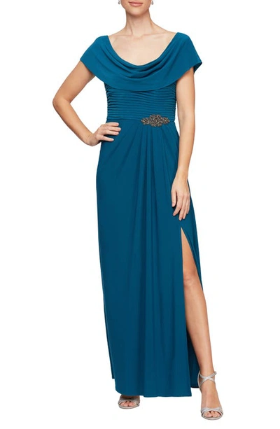 Alex Evenings Embellished-waist Cowlneck Gown In Teal