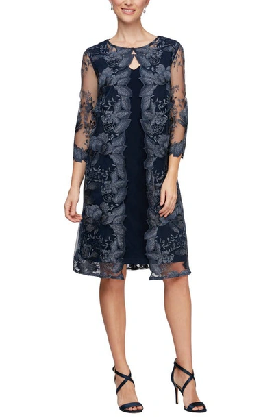 Alex Evenings Embroidered Mock Jacket Cocktail Dress In Navy