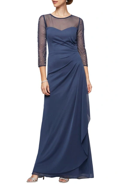 Alex Evenings Illusion Lace Beaded Detail A-line Gown In Wedgewood