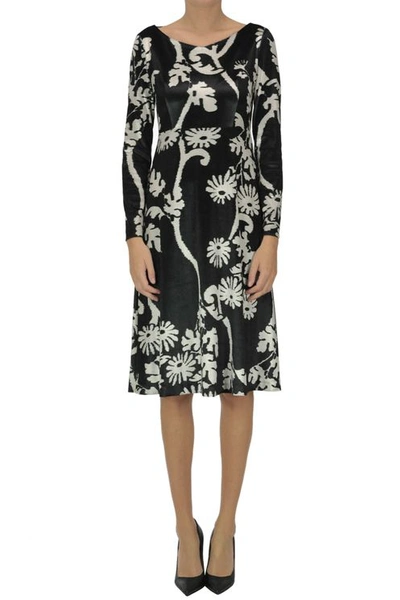 1 One Flower Print Velvet Dress In Black