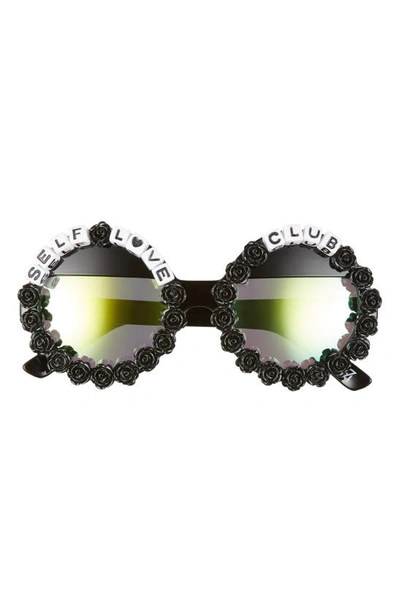 Rad + Refined Self Love Club Round Sunglasses In Black/ Green Mirrored