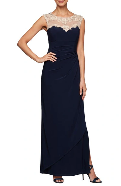 Alex Evenings Lace Illusion Yoke Wrap Syle Maxi Dress In Navy/nude