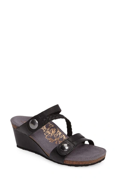 Aetrex Lydia Strappy Wedge Sandal In Black Leather