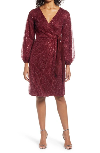 Chi Chi London Beaded Long Sleeve Faux Wrap Dress In Red