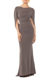 Betsy & Adam Metallic Drape Back Trumpet Gown In Taupe/ Silver