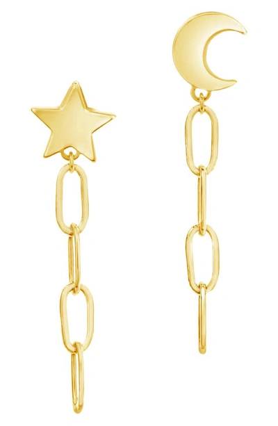 Sterling Forever Women's Moon And Star Dangle Chain Link Stud Earrings In Gold