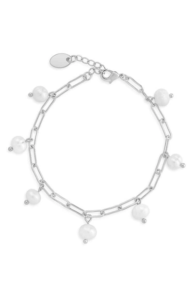 Sterling Forever Women's Dangling Pearl Linked Silver Plated Bracelet In Silver-tone
