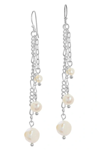 Sterling Forever Rhodium Plated 5-10mm Pearl Mixed Chain Link Dangle Earrings In Silver