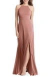 Lovely Lela High Neck Chiffon Maxi Dress With Front Slit In Pink