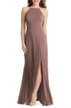 Lovely Lela High Neck Chiffon Maxi Dress With Front Slit In Brown