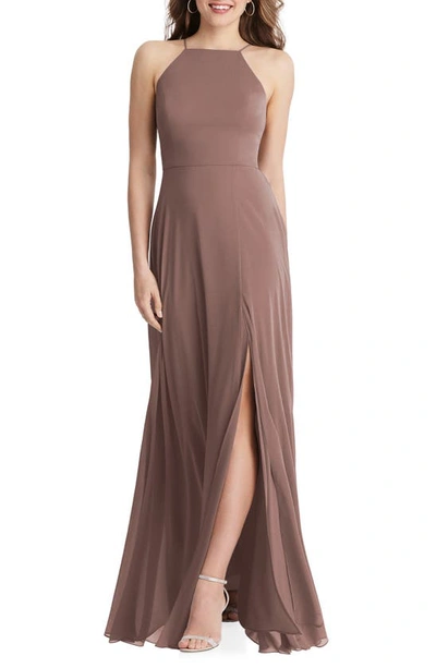 Lovely Lela High Neck Chiffon Maxi Dress With Front Slit In Brown