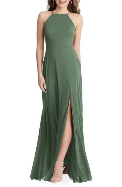 Lovely Lela High Neck Chiffon Maxi Dress With Front Slit In Green