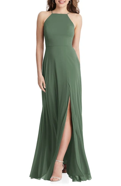 Lovely Lela High Neck Chiffon Maxi Dress With Front Slit In Vineyard Green