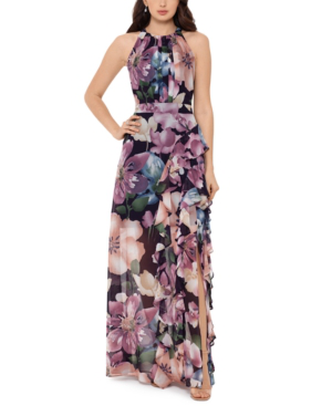 Betsy & Adam Floral Ruffle Slit Chiffon Halter Gown In Wine/ Rose ...