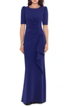 Xscape Side Ruched Ruffle Details Scuba Crepe Gown In Indigo
