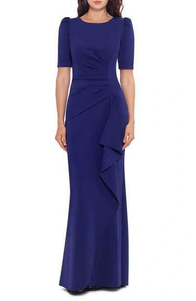 Xscape Side Ruched Ruffle Details Scuba Crepe Gown In Indigo