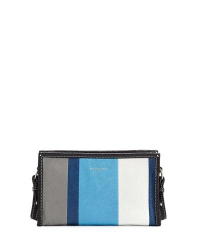 Balenciaga Bazar Striped Glossed Textured-leather Shoulder Bag In Blue