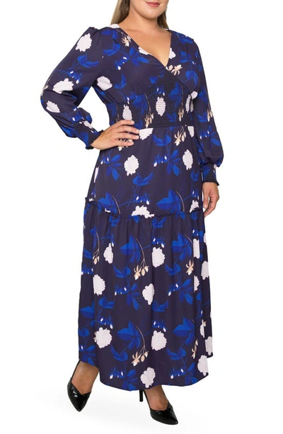 Standards & Practices Floral Smock Waist Long Sleeve Georgette Maxi Dress In Blooms