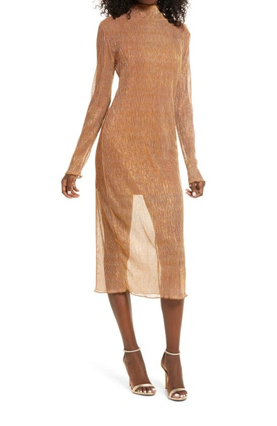 Leith Sheer Metallic Long Sleeve Midi Dress In Copper