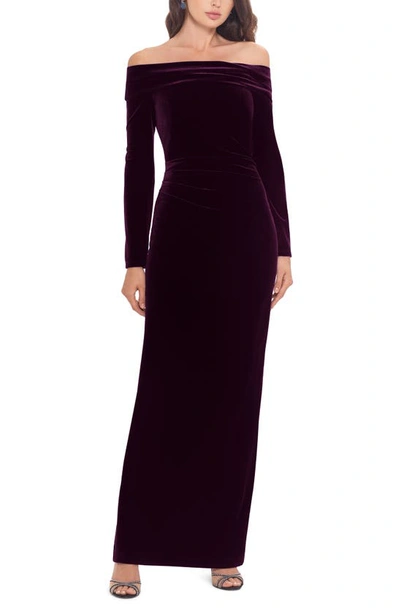Xscape Off The Shoulder Long Sleeve Gown In Maroon ModeSens