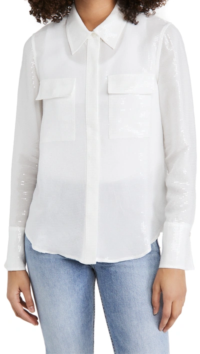 Good American Sheer Sequin Button Up Shirt In White
