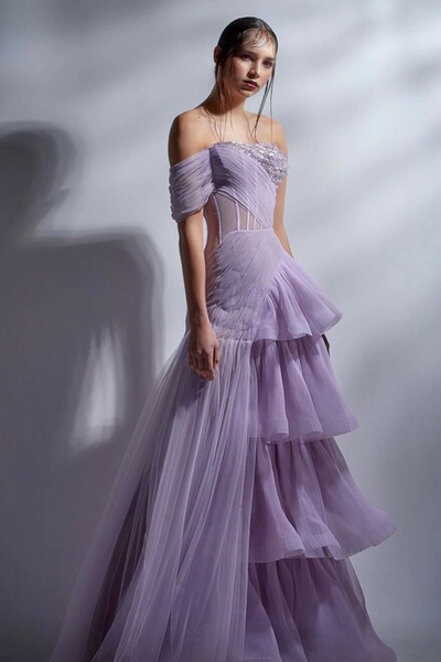 Gaby Charbachy Draped One Shoulder Tiered Gown