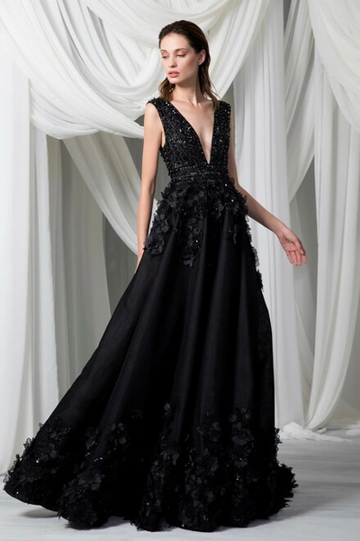 Tony Ward Sleeveless Beaded Tulle Gown