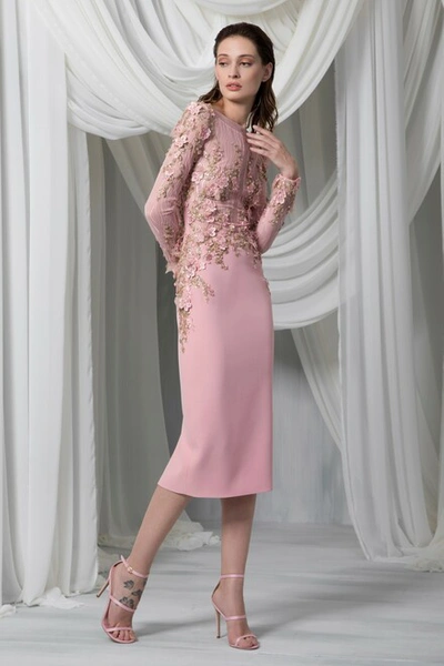 Tony Ward Long Sleeve Illusion Lace And Crêpe Marocain Dress In Pink