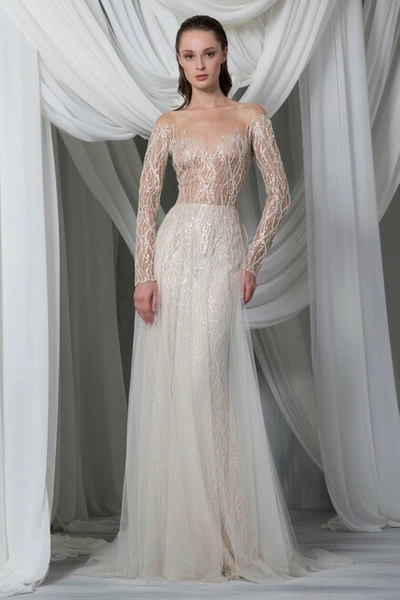 Tony Ward Long Sleeve Hand Embroidered Tulle Gown