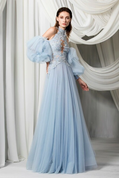 Tony Ward Long Sleeve Cold Shoulder Tulle Gown In Blue