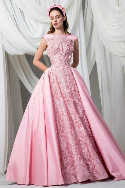 Tony Ward Cap Sleeve Organza And Taffeta Ball Gown In Pink