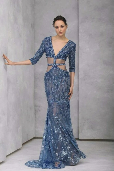 Tony Ward Mermaid-cut Embroidered Tulle ¾ Sleeve Gown