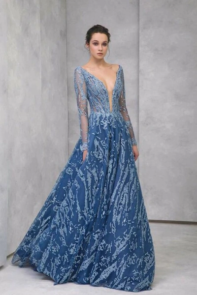 Tony Ward Long Sleeve Embroidered Tulle Evening Gown