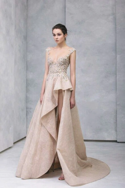 Tony Ward Hand-embroidered Cap Sleeve Slit Gown