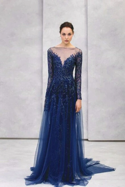 Tony Ward Embroidered Tulle Long Sleeve Evening Gown