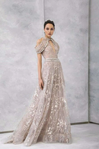 Tony Ward Embroidered Tulle Draped Shoulder Gown