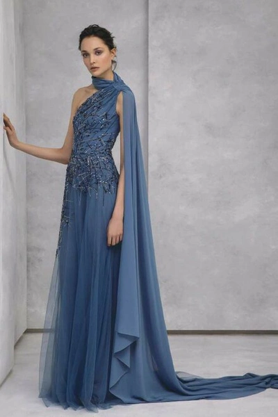 Tony Ward Draped Georgette Beaded Tulle Gown