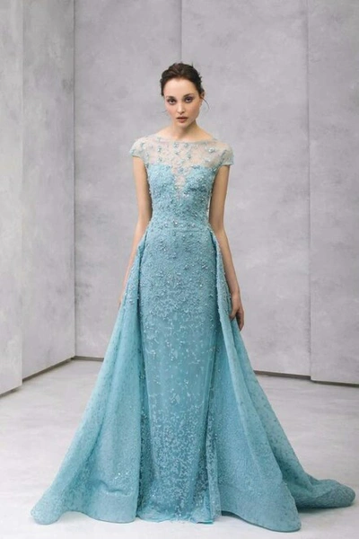 Tony Ward Cap Sleeve Column Gown + Over-skirt