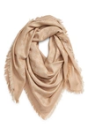 Tory Burch Traveler Logo Jacquard Wool & Silk Scarf In Classic Camel