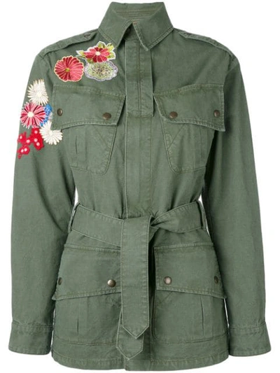 Saint Laurent Flower Embroidered Military Parka Jacket In Green