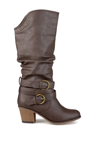 Journee Collection Women's Late Wide Calf Rouched Buckle Mid Shaft Block Heel Boots In Dark Brown