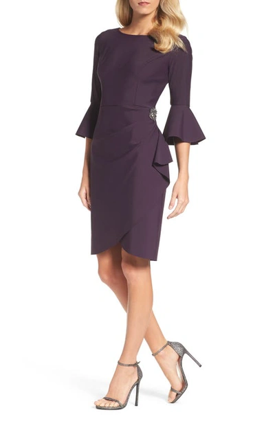 Alex Evenings Bell-sleeve Draped Compression Sheath Dress In Aubergine