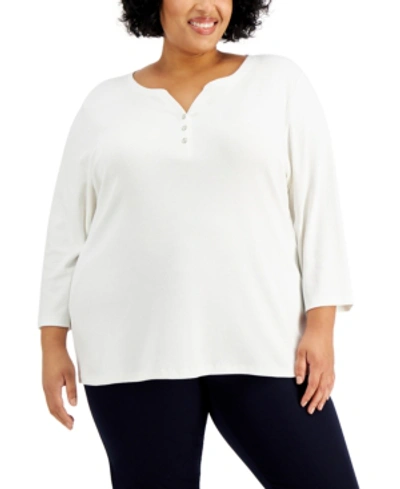 Karen Scott Petite 3/4-sleeve Henley Shirt, Created For Macy's In Bright White