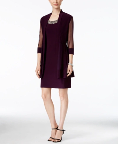 R & M Richards Petite Embellished Dress And Illusion Duster Jacket In Plum