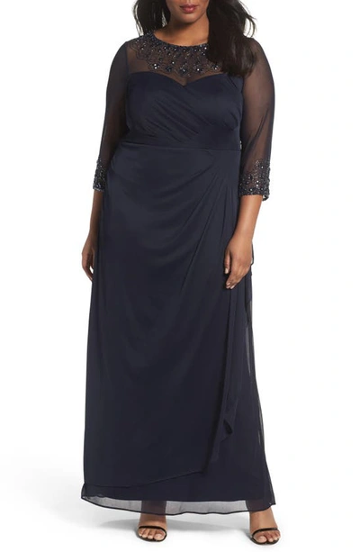 Alex Evenings Beaded Illusion Neck A-line Gown In Dark Navy