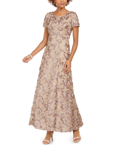 Alex Evenings Rosette A-line Gown In Tan/beige