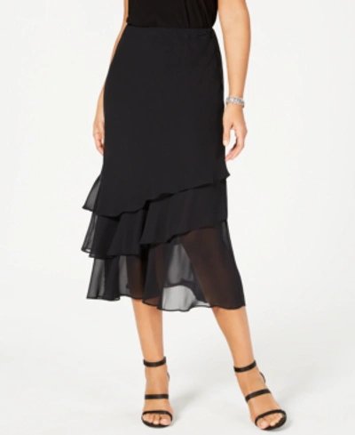 Alex Evenings Petite Skirt, Tiered Chiffon Tea Length In Black