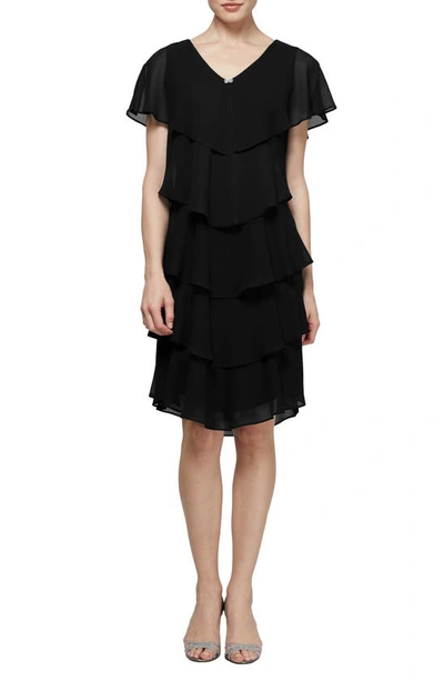 Sl Fashions Tiered Rhinestone Capelet Dress In Black